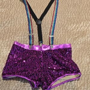 Sequin Purple Shorts with Rainbow Suspenders
